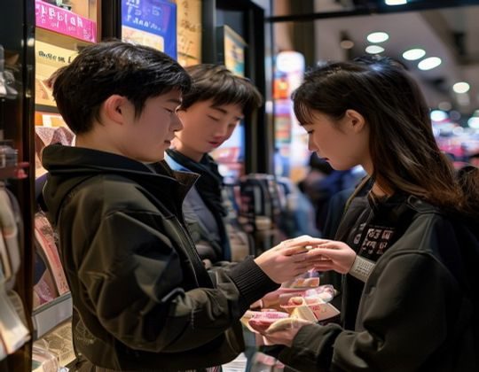 日韩精品一区专业买手在东京涩谷精品店内仔细甄选商品，手持产品认真核查品质标签